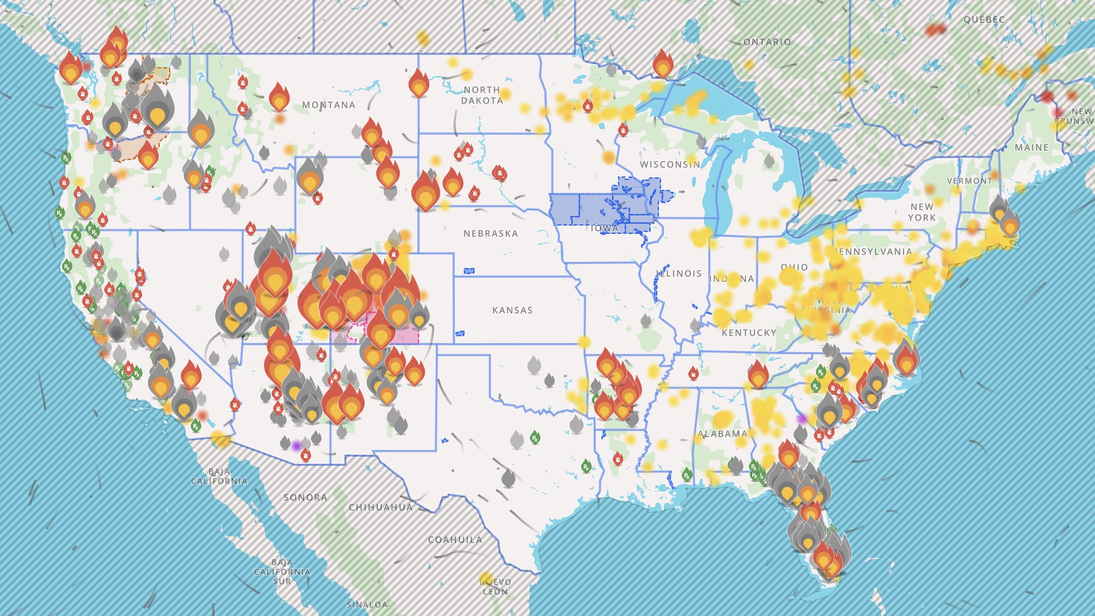 National fire map showing active wildfires across the United States, with heavy concentration of large fires in Colorado and the Western states, summer 2026.
