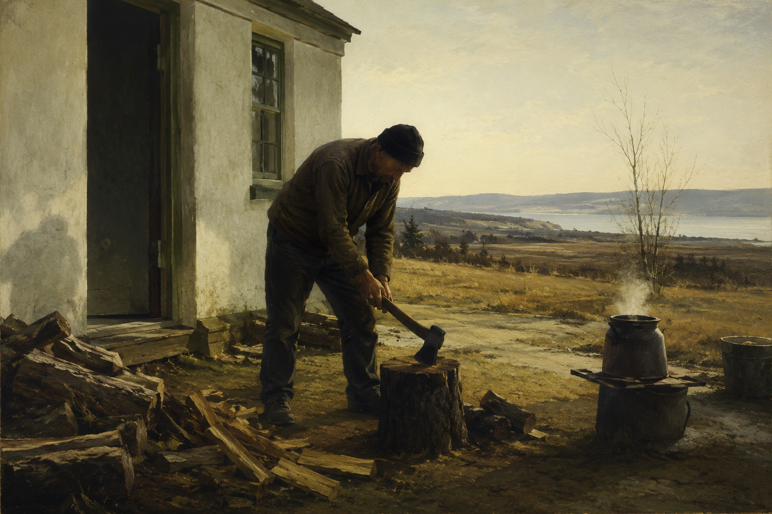 A man chopping wood outside a farmhouse, a steaming pot beside him