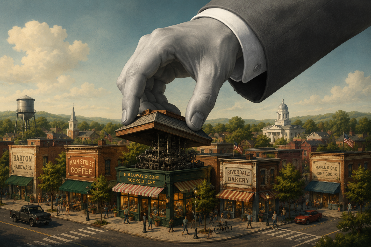 A giant hand in a business suit lifts the roof off a small-town bookshop on a Main Street lined with independent businesses