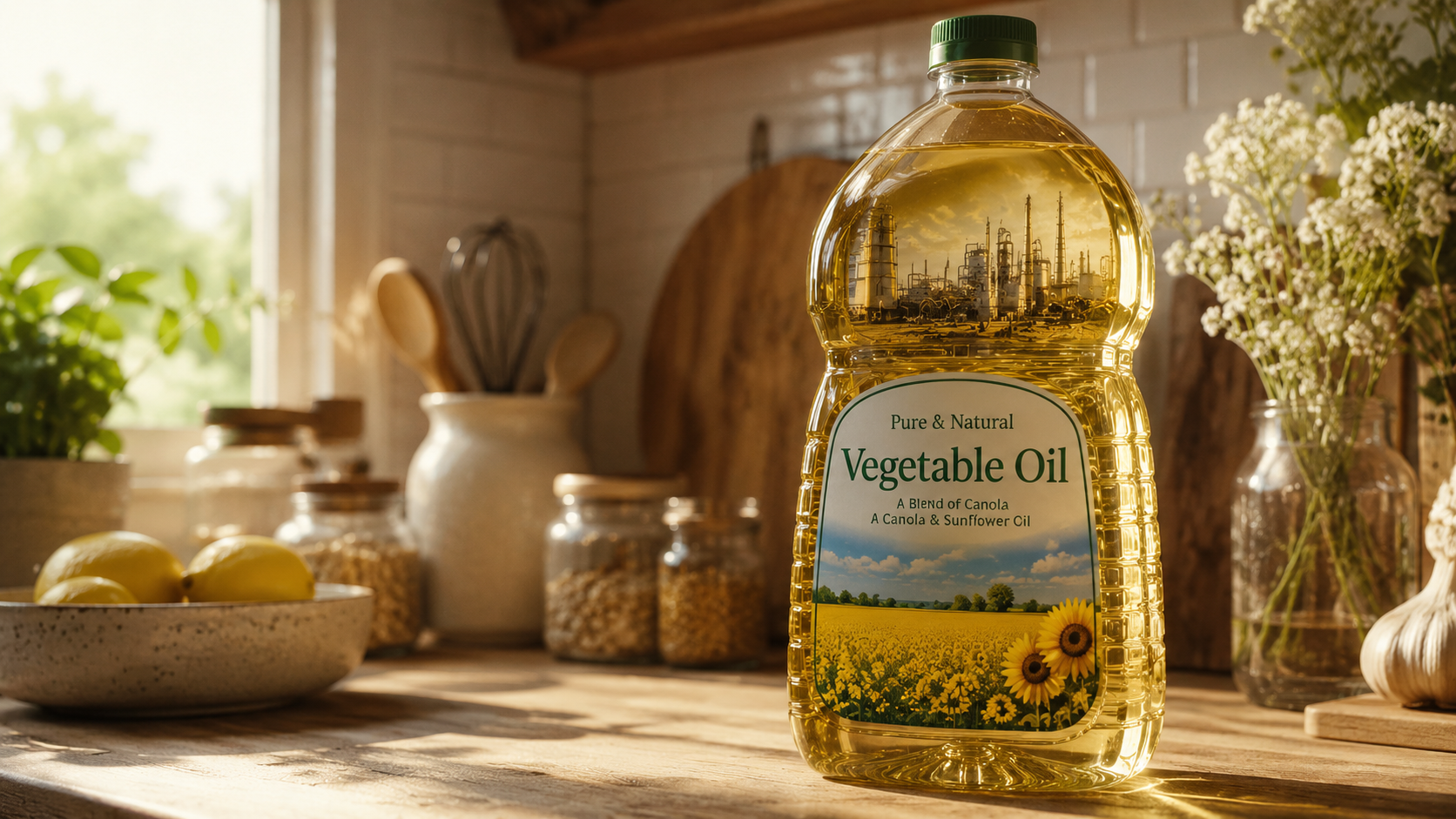 A bottle of vegetable oil in a sunny kitchen, with an industrial refinery reflected in the glass