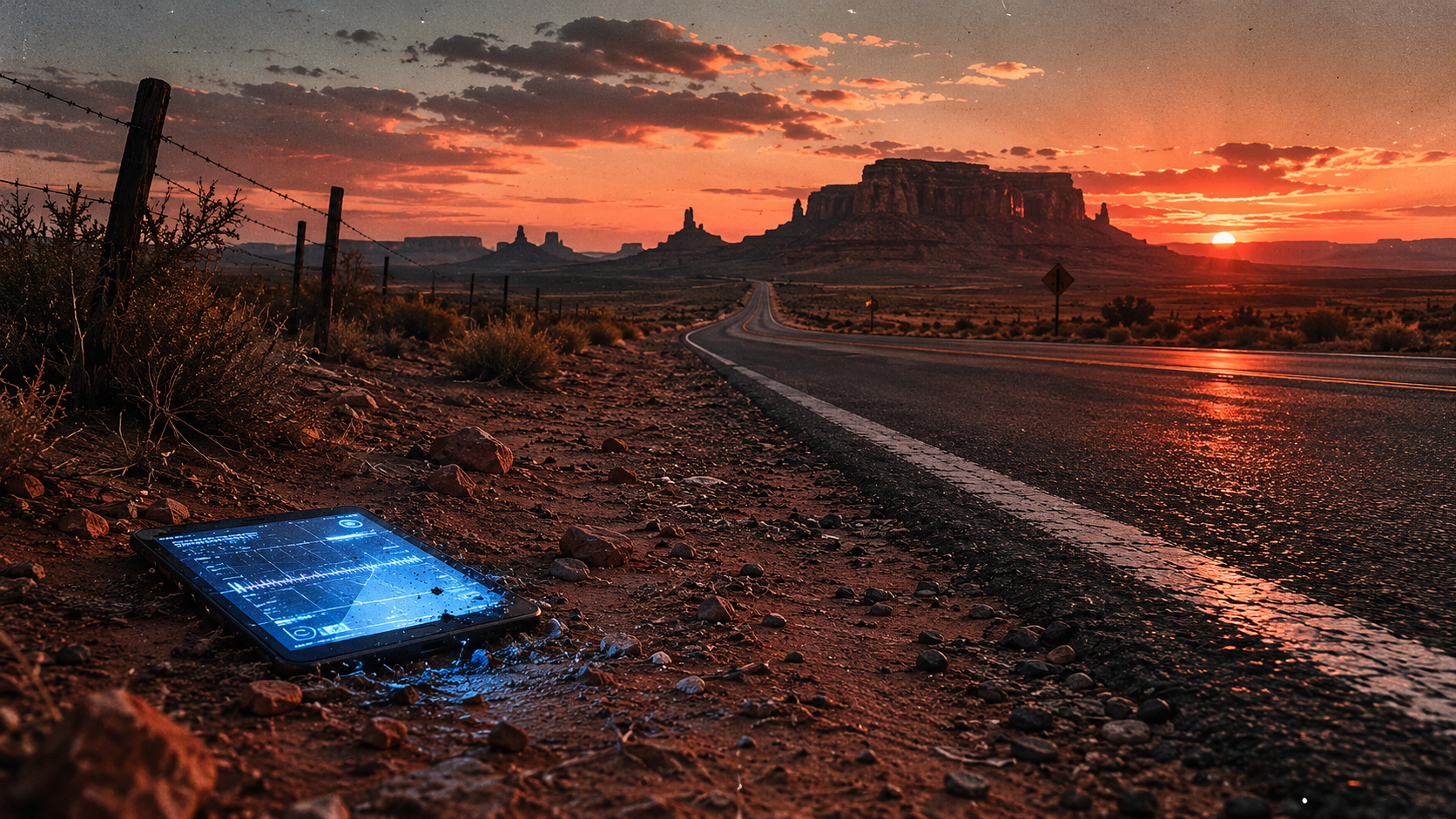 A glowing tablet displaying analytics data lies abandoned on a desert roadside at sunset, Monument Valley mesas silhouetted against an orange sky.