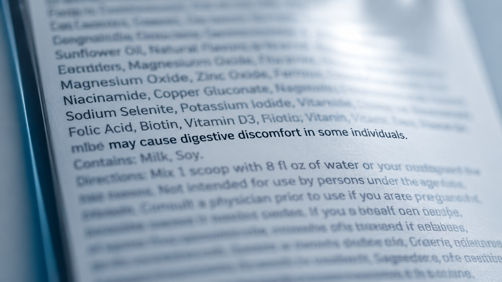 Close-up of a supplement label, the phrase 'may cause digestive discomfort in some individuals' in sharp focus among a list of ingredients