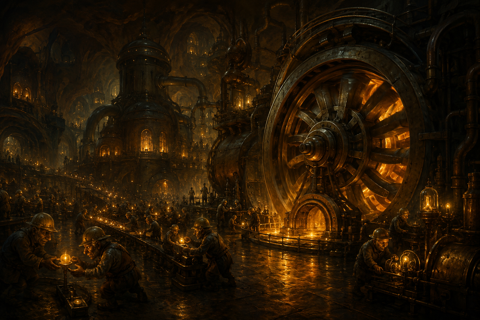 A vast underground power plant lit by golden lanterns, tiny workers tending enormous turbines and furnaces in a cathedral of iron and fire