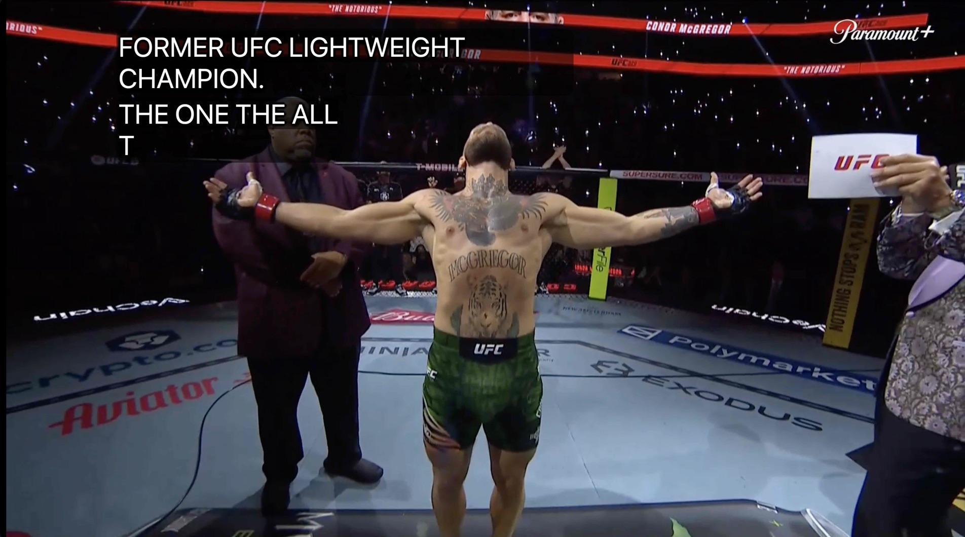 Conor McGregor standing in the octagon with arms outstretched before his UFC comeback fight, broadcast graphic reading Former UFC Lightweight Champion