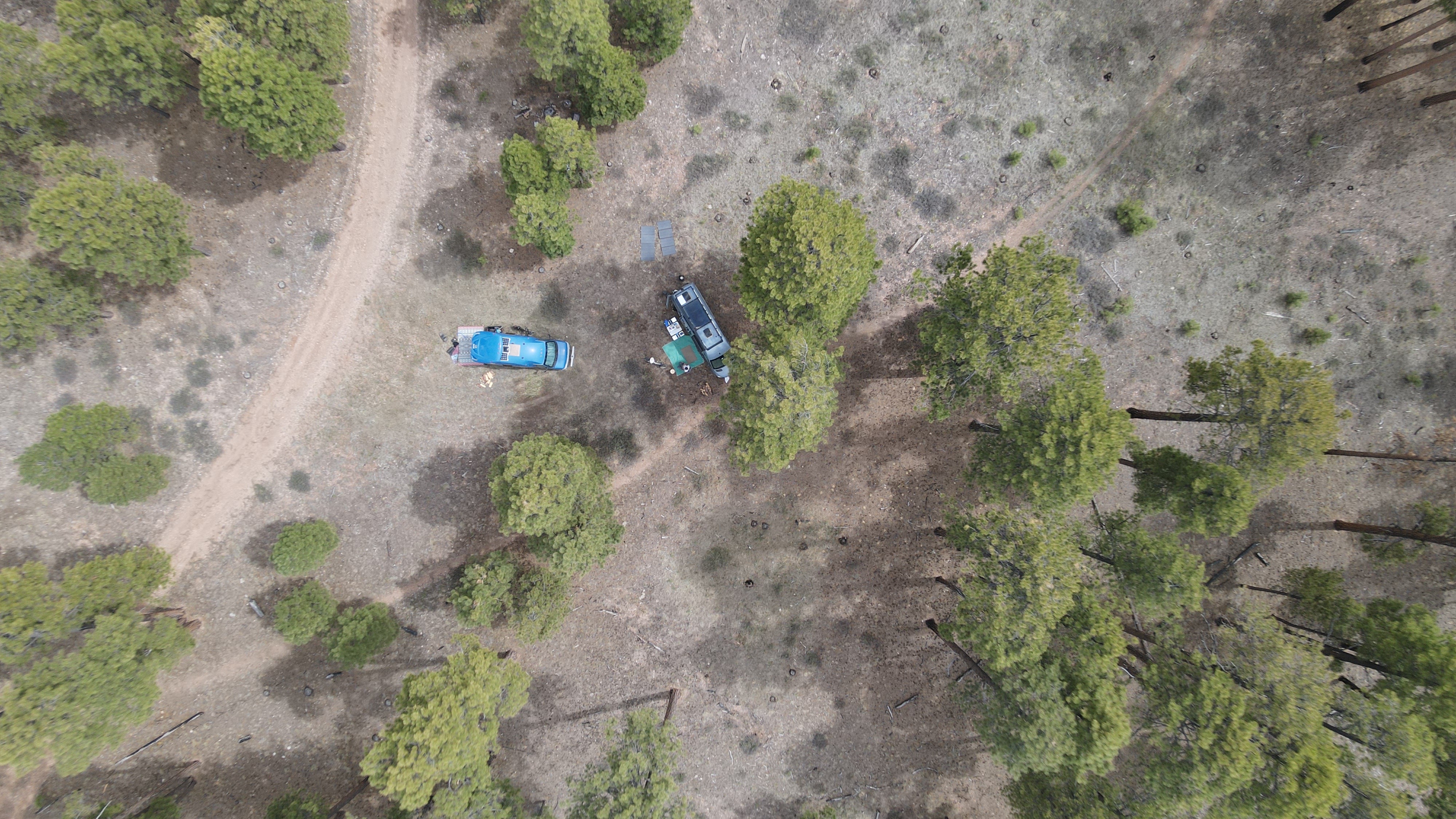 Straight-down drone view of two rigs tucked into scrub and burned trees, Jacob Lake
