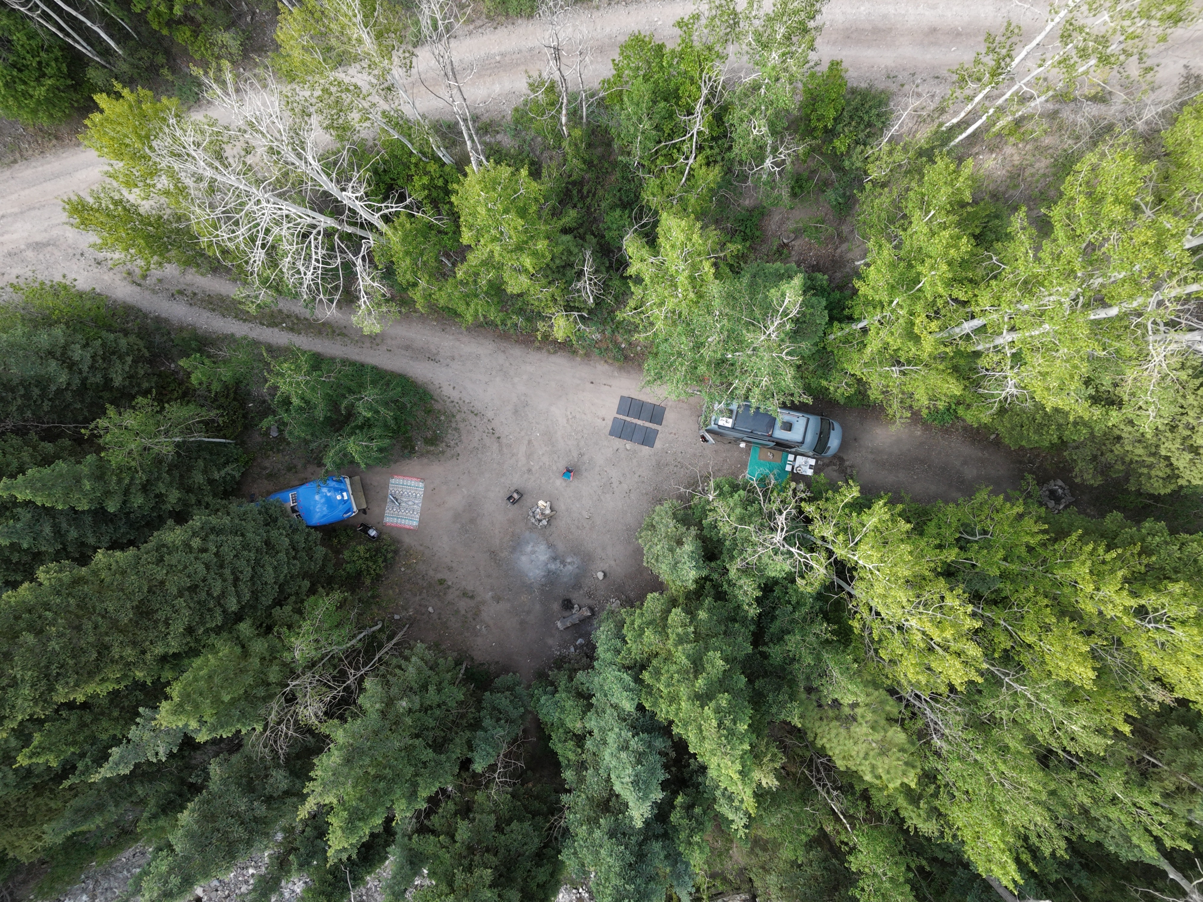 Aerial drone shot looking straight down at a wooded campsite near Ouray, Colorado, two vans parked on either side of a dirt clearing, solar panels deployed, fire pit in the center, surrounded by aspen trees.